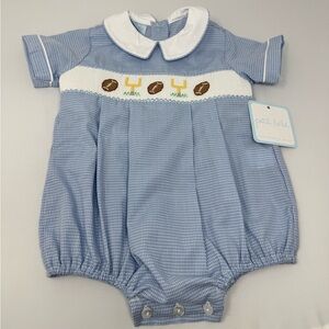 Petit Bebe Football Boys Light Blue Gingham Bubble NWT 3M